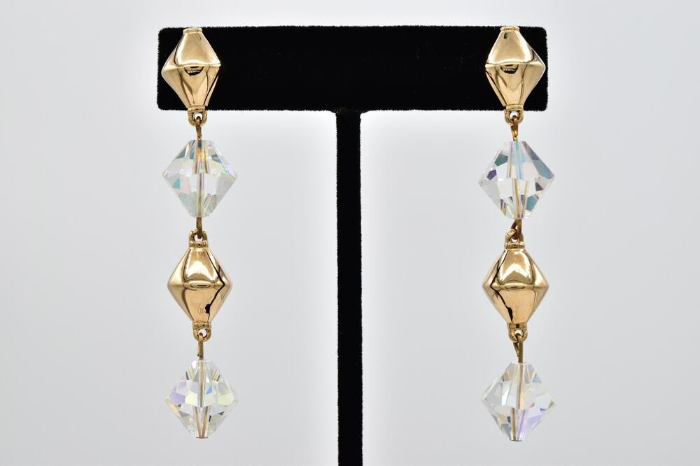Swarovski Vintage Crystal AB Gold Geometric Dangle Earrings Swan Signed BinAZ